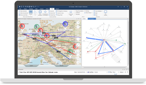 Captura de pantalla de un panel de control de análisis visual multidimensional del software i2 Enterprise Insight Analysis.