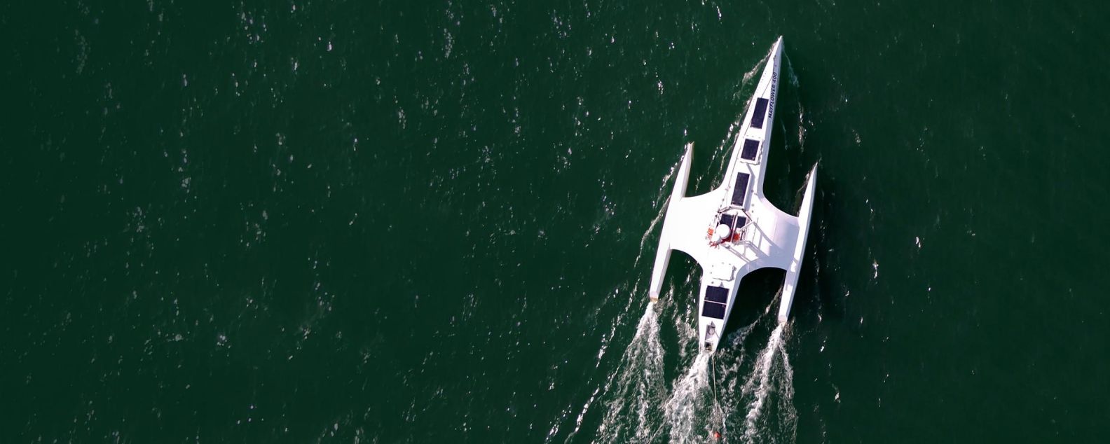 Aerial view of the maritime research vessel Mayflower Autonomous Ship sailing across the sea