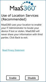 Use of Location Services (Recommended) screen