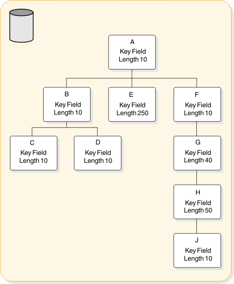 An IMS database contains segments A through H plus J of varying key field length.