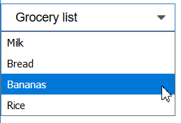 This image shows a list titled Grocery list with the items Milk, Bread, Bananas, Rice. Bananas is highlighted.