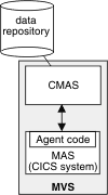 The diagram shows a CMAS which has links to a local MAS, All the MASs belong to the same CICSplex .