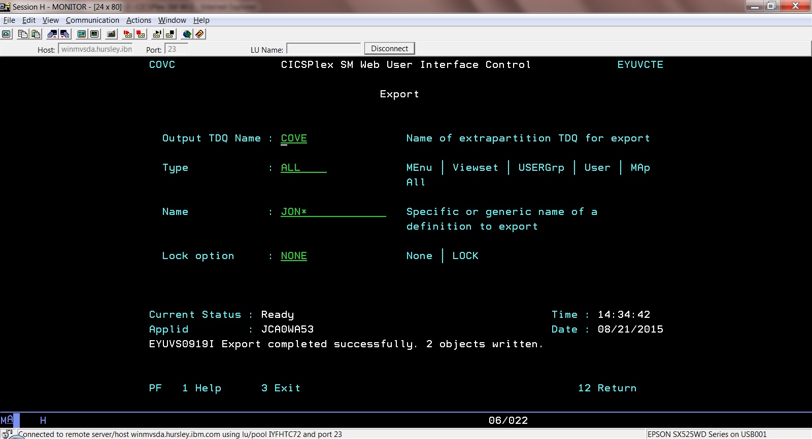 This screenshot from the CPSM WUI shows the use of COVC Export.