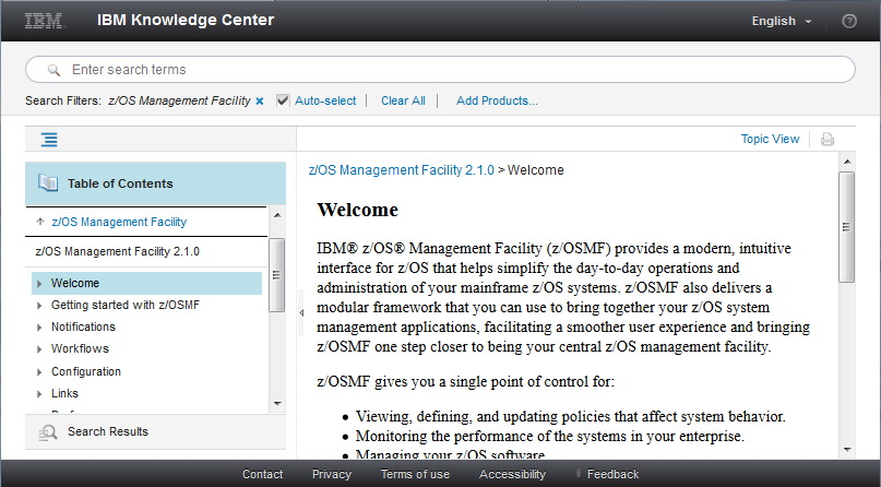 Screen capture of the z/OSMF help system