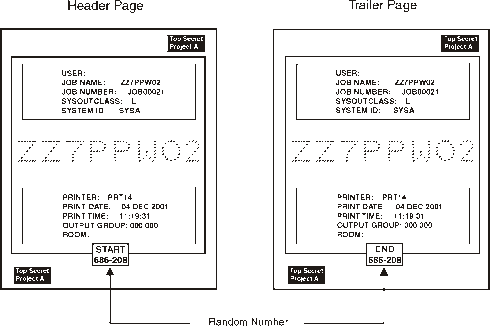 This figure shows a header page and a trailer page with identification labels in the top right and bottom left of the pages. A randomly generated start number is at the bottom of the output on the header page. The same end number is at the bottom of the output on the trailer page.
