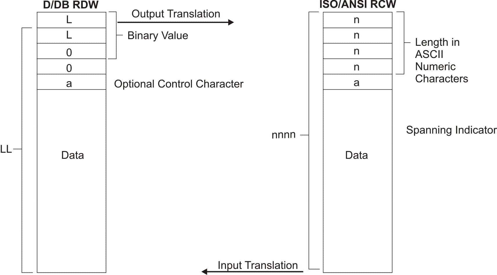 The ISO/ANSI RCW is 4 bytes long and expressed in ASCII characters. The D/DB RDW is expressed in binary.