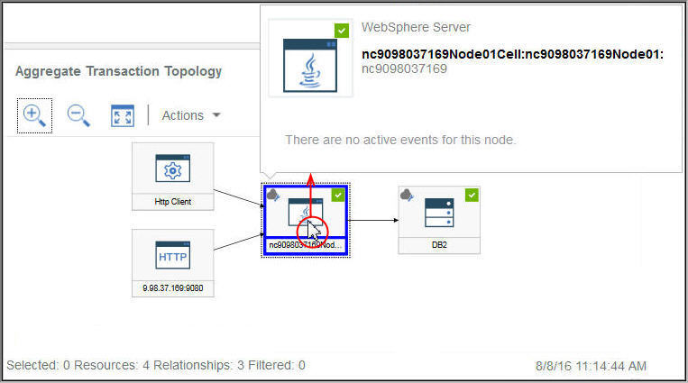 Screen capture of the Aggregate Transaction Topology: Node selected with threshold events shown in hover pop-up window