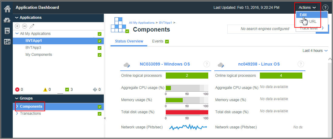 Components level dashboard for the Partner Network application with the Actions menu open.