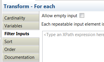 This figure shows the properties tab of the For Each transform. The allow empty input option is available under Filter inputs.