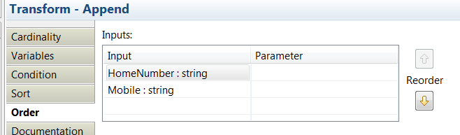 This figure shows the Append transform properties page.