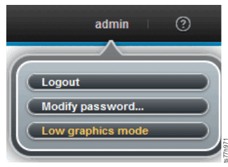 Image displays user name "admin" in banner and hover-over drop-down menu that contains the Logout, Change Password, and Low Graphics Mode options. The Low graphics mode menu option is highlighted.