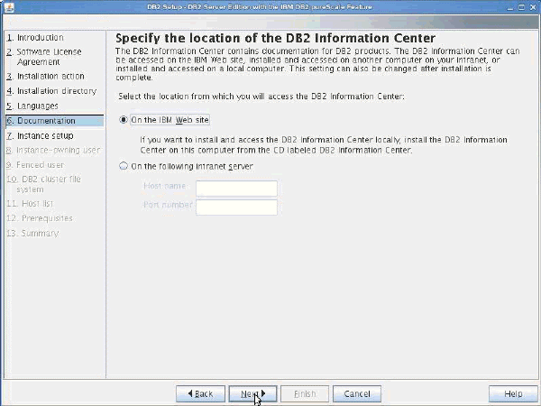 A view of the Specify the location of the DB2 Information Center Panel