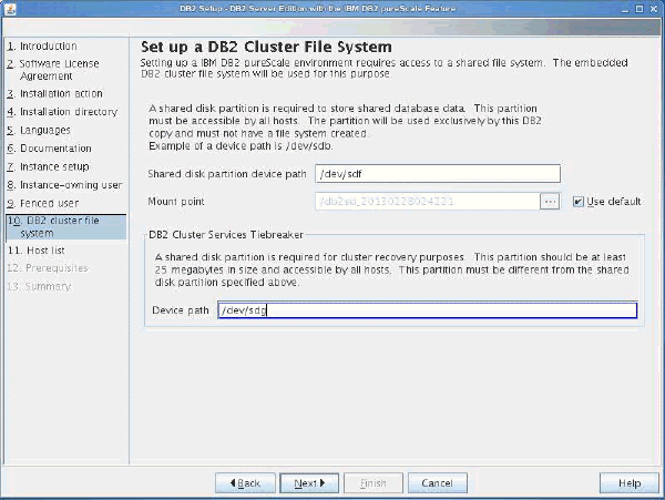 A view of the Setting up a DB2 Cluster File System Panel