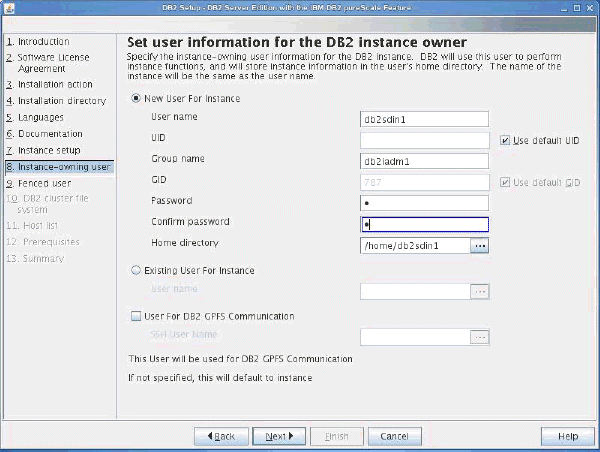 A view of the Set user information for the DB2 instance owner Panel