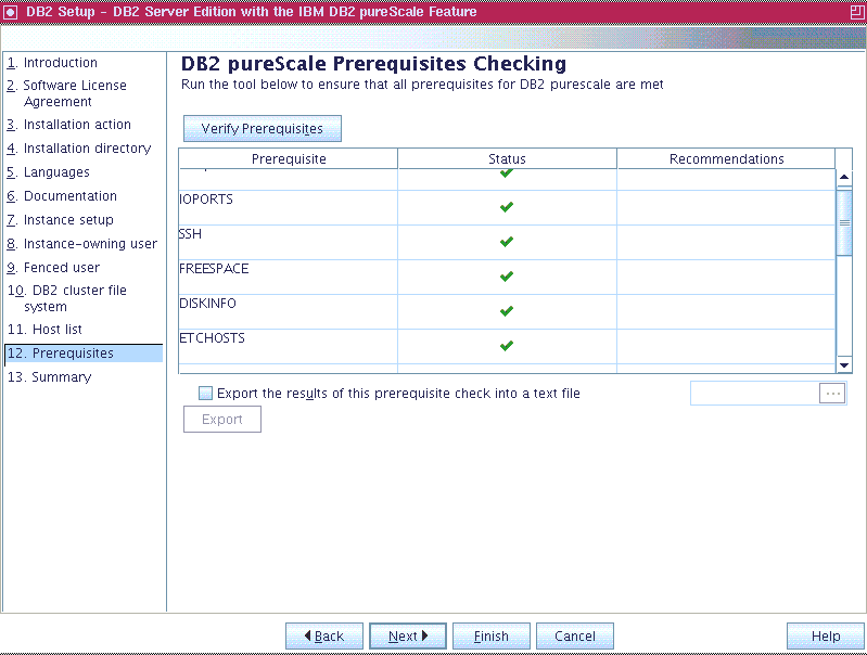 A view of the DB2 pureScale Prerequisites Checking Panel tab