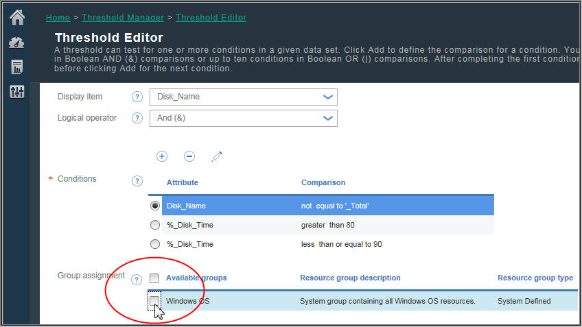Threshold Editor with cleared check box to remove assigned resource group.