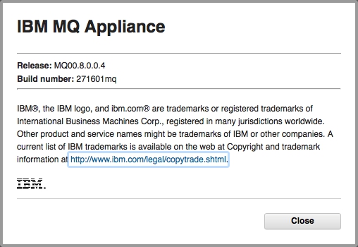 IBM MQ Appliance version window in Web UI