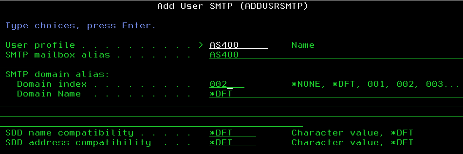 Screen shot of the ADDUSRSMTP command parameters.