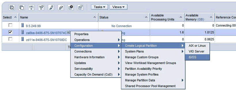This is a screen shot of Creating the Client partition from the HMC .  Go to Configuration, Create Logical Parittion, and select i5/OS.