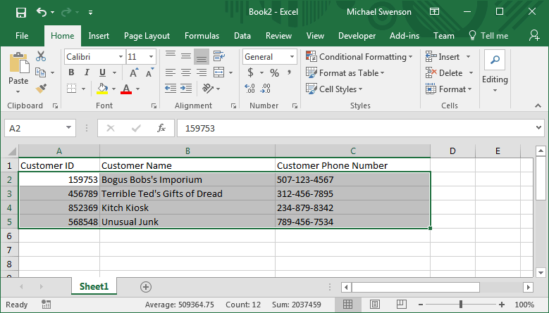 Spreadsheet with only data cells selected