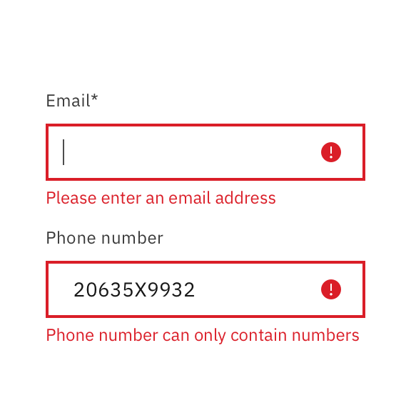 email and Phone number input fields, both with red outlines and error messages directly below each: 'Please enter an email address' and 'Phone number can only contain numbers'