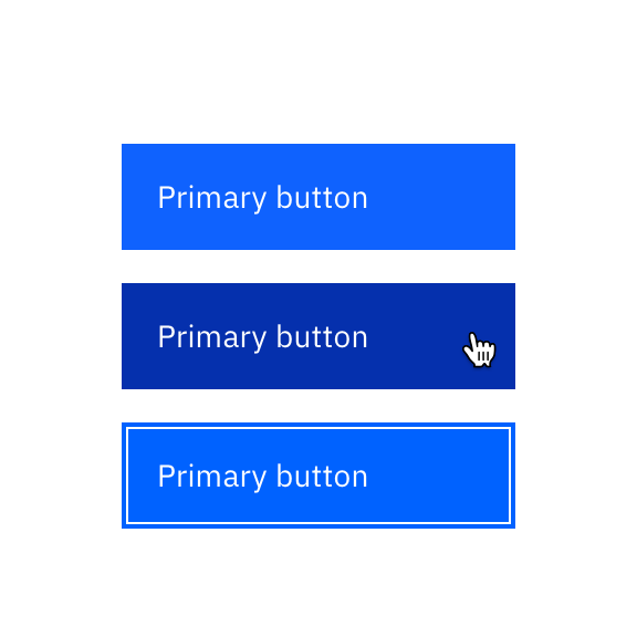 3 different examples of white text, 'Primary button on blue background', with 3rd example showing a white bounding border