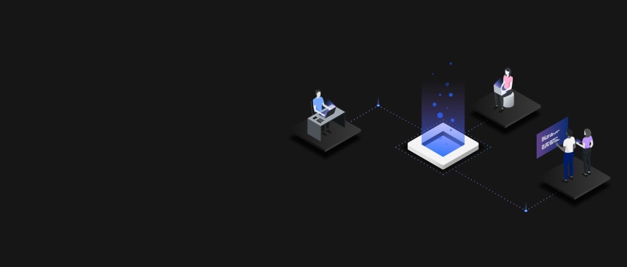 Illustration de trois groupes de personnes connectées à un data hub central brillant, symbolisant la collaboration numérique et le partage de données sur un fond sombre.