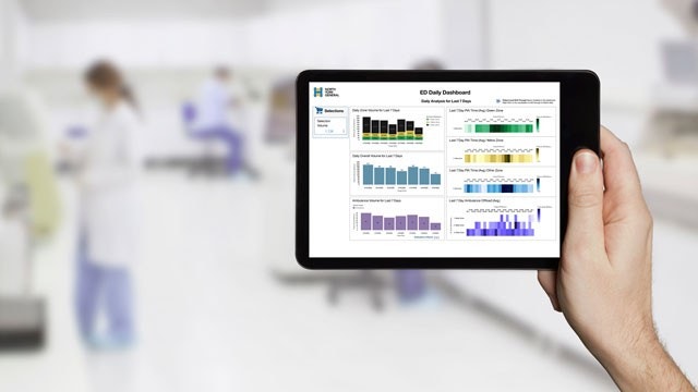 Seorang perempuan yang sedang memegang tablet digital yang menunjukkan Dasbor Harian IGD di laboratorium