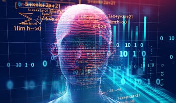AI android in front of interactive abstract of formulas