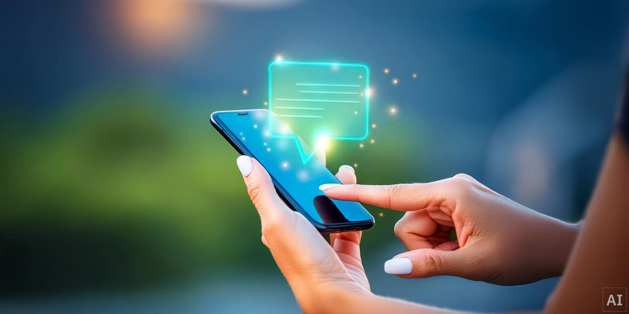 A woman holding a phone with a green illustration of texting coming out of the screen