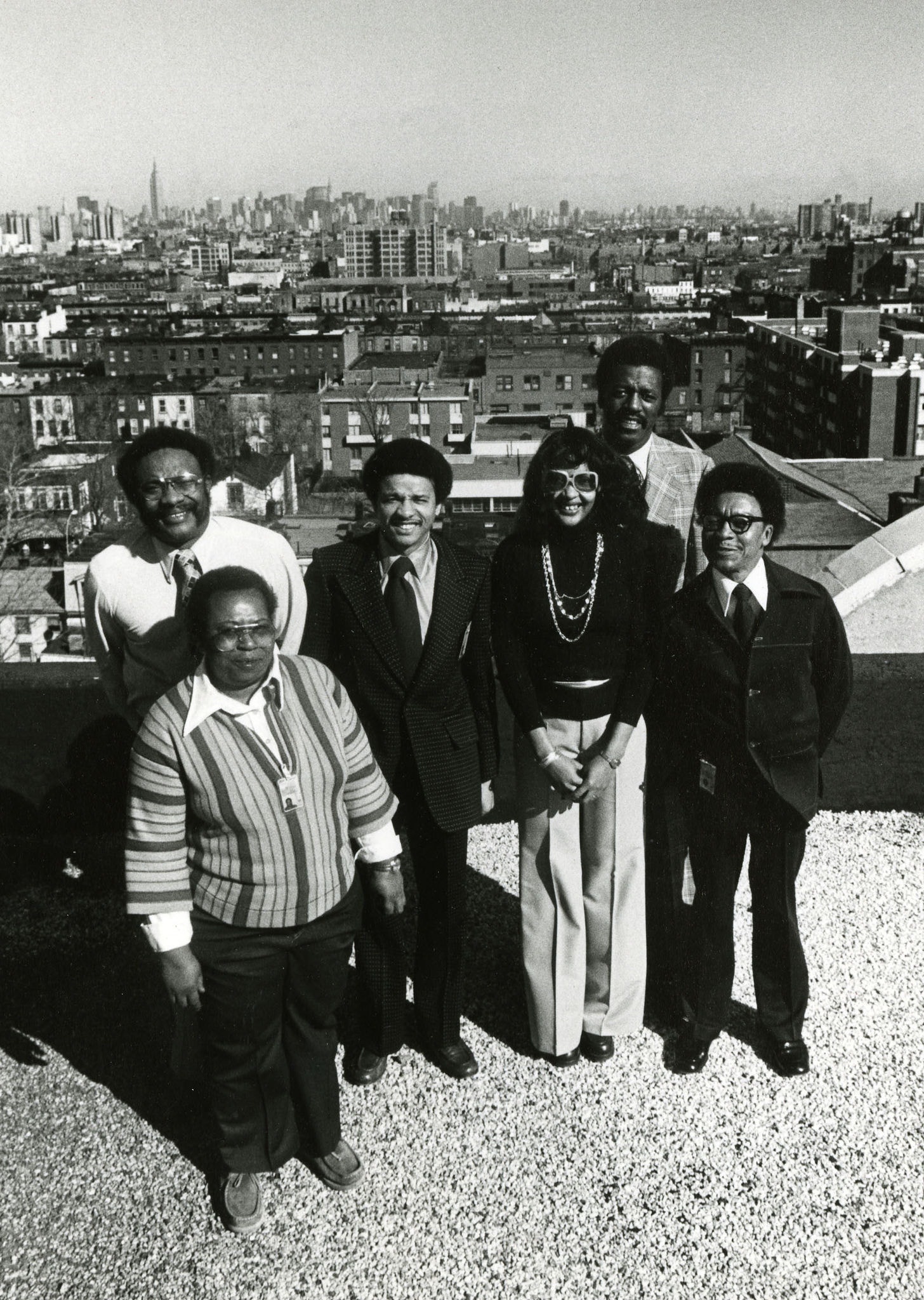 Black IBMers Bill McDonald, Wylene Stone, Leroy Stukes, Denise Cartier, Ray Leath and Henry Willis, on a rooftop in Brooklyn in 1977