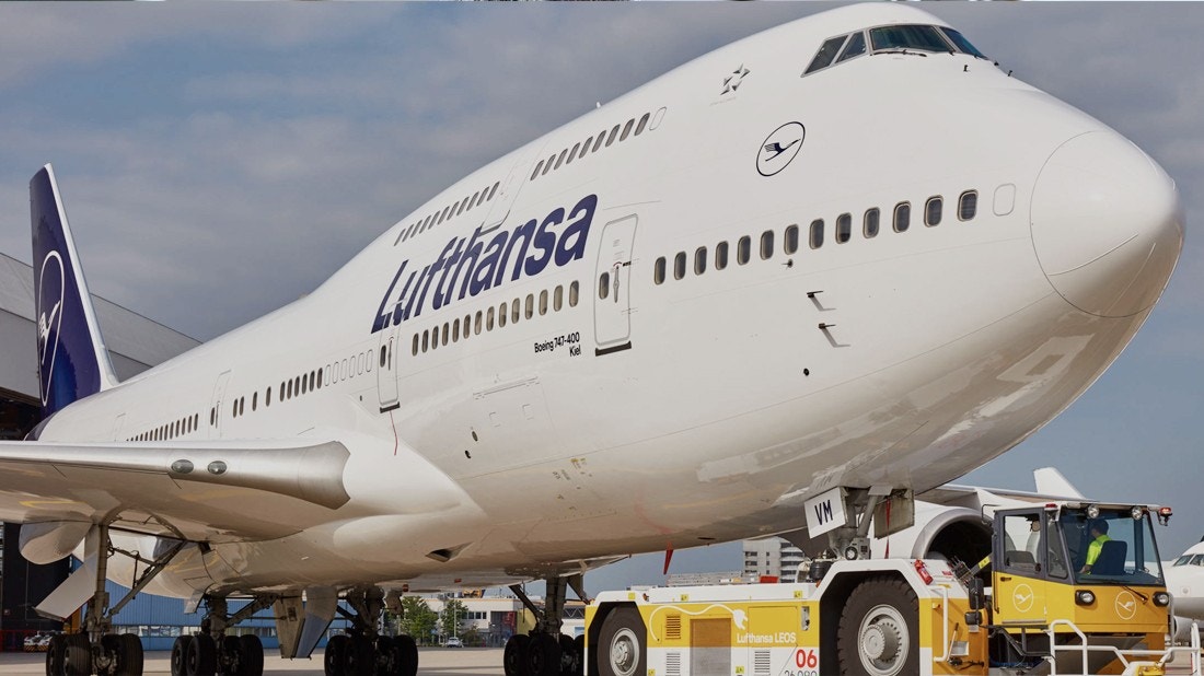 Close up view of a Lufthansa jet airplane on the tarmac