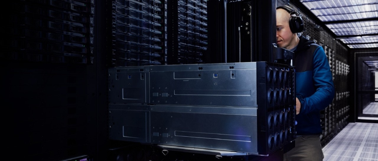 A man working on server room maintenance