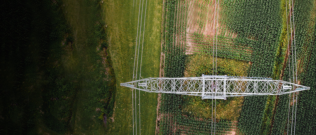 An overhead view of a large electrical pylon.