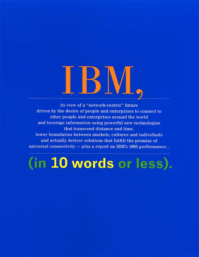 Cover of 1995 IBM Annual Report with the text "IBM, in 10 words or less"