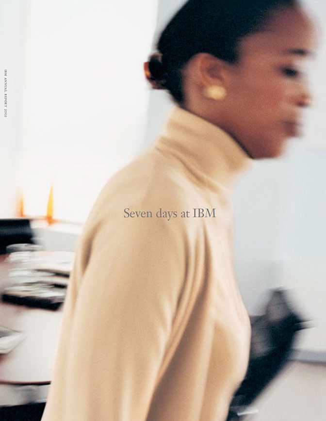 Cover of 2002 IBM Annual Report with text "Seven days at IBM"