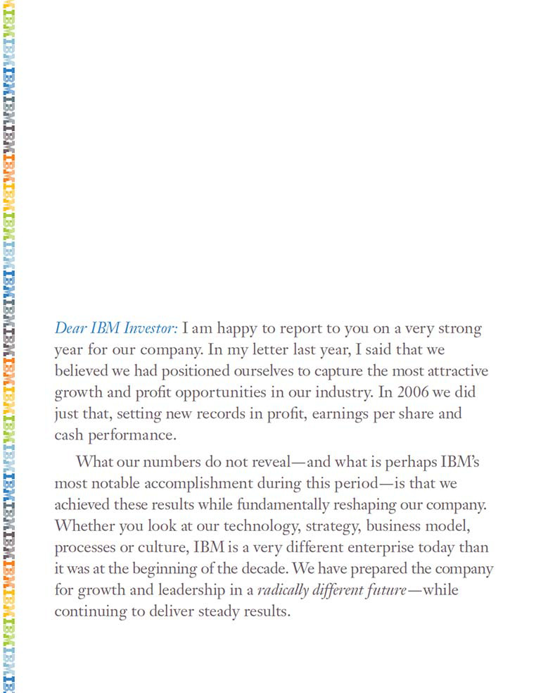 Cover of 2006 IBM Annual Report with preview of letter to investors