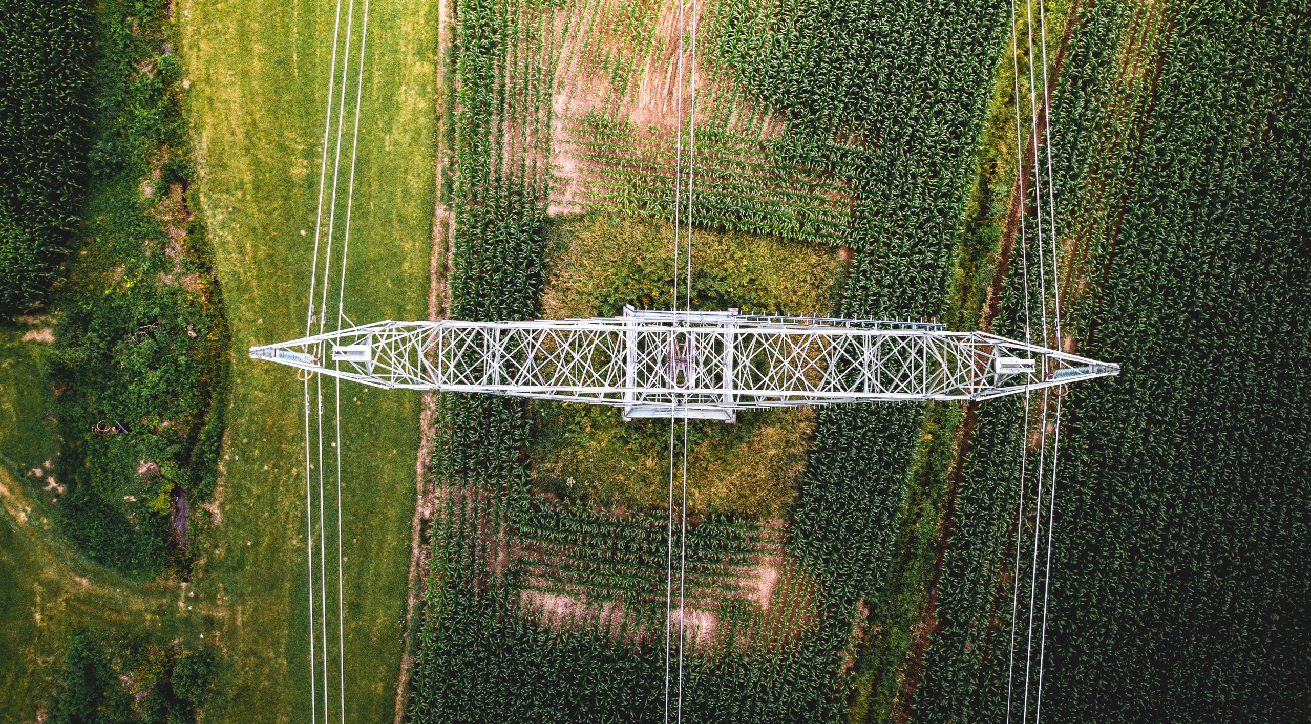 Aerial view of a high voltage power pylon