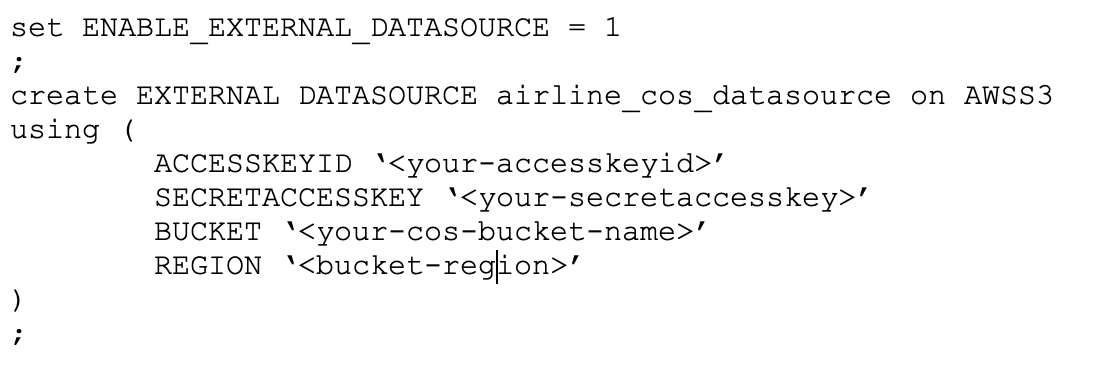 The SQL to define a database source in Netezza for the cloud object storage bucket