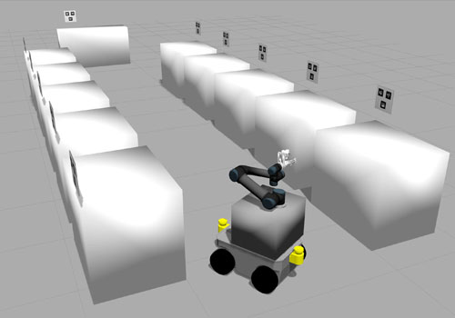 Immagine di un'animazione digitale di un robot che attraversa un corridoio tra scatole bianche