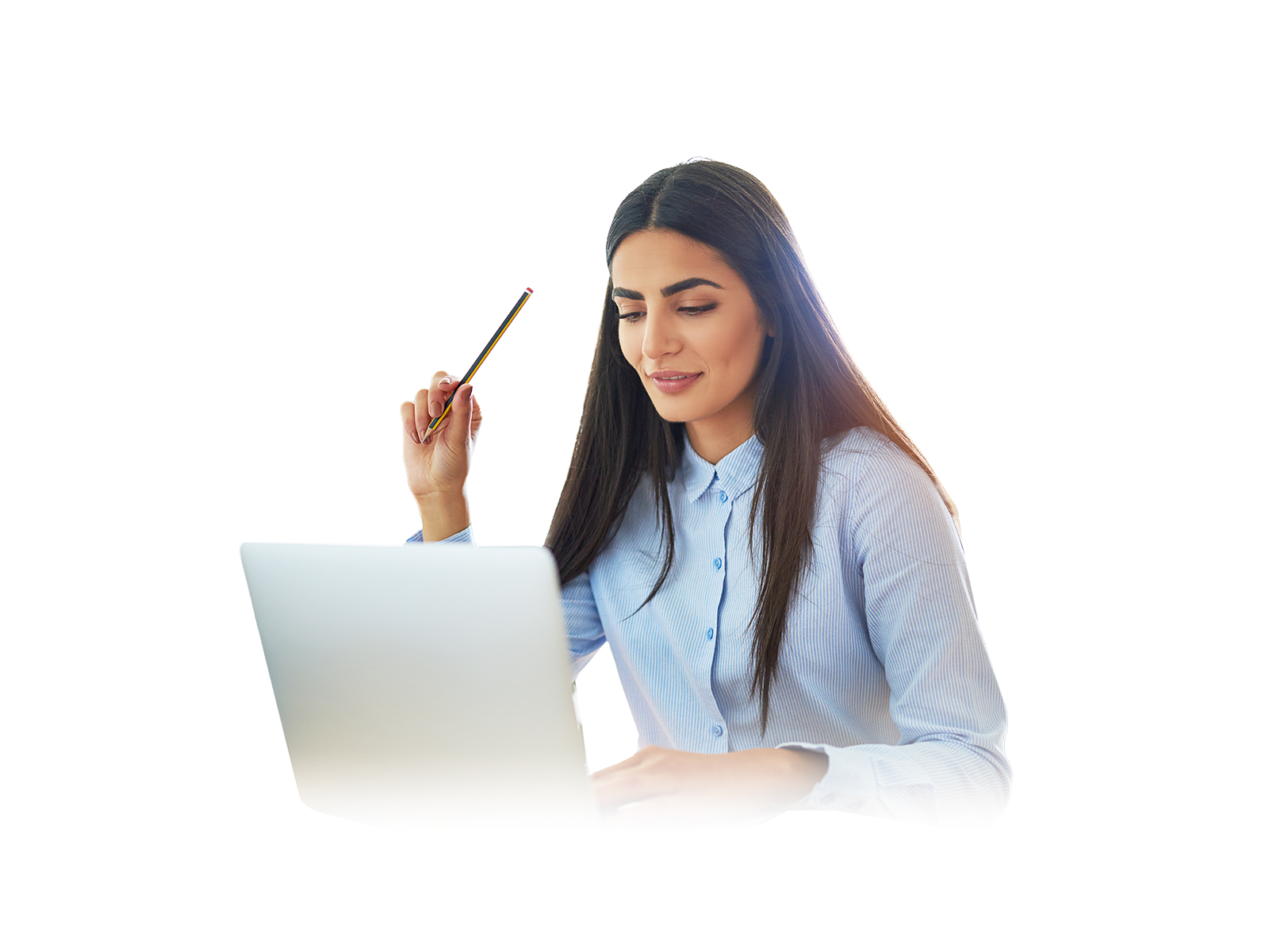 A data scientist holds a pencil and works on a latop with background graphics depicting data and interpersonal connections and communication.