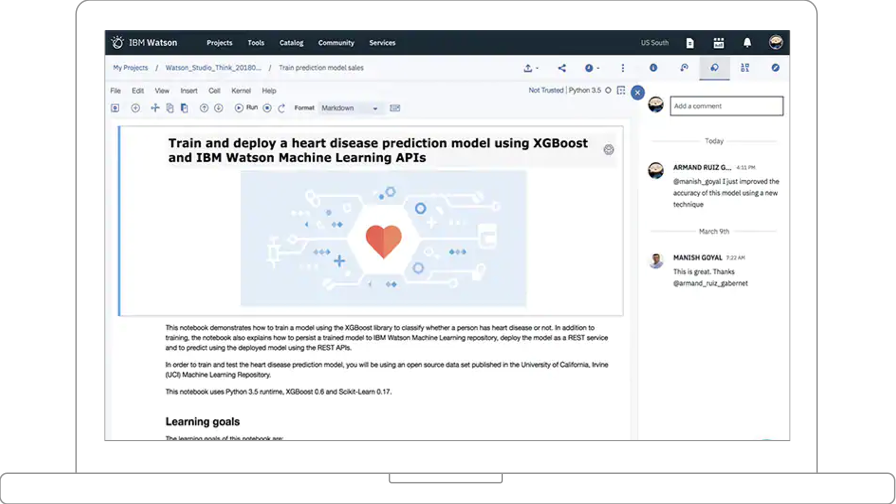 Collaborative data science: Screenshot of IBM Watson heart disease prediction model