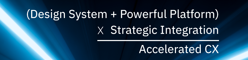 Equation Graphic: (Design System plus Powerful Platform) times Strategic Integration divided by Accelerated CX