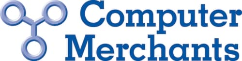 Les mots « Computer Merchants » dans une police de caractères bleue à côté de trois cercles composant un triangle.