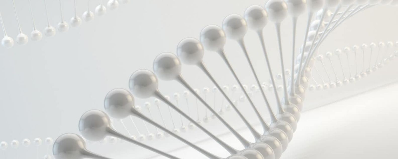 3D glass DNA strands against gray background