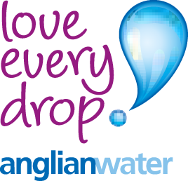 Logo of Anglian Water, in purple and blue, with a blue drop on the right hand-side.