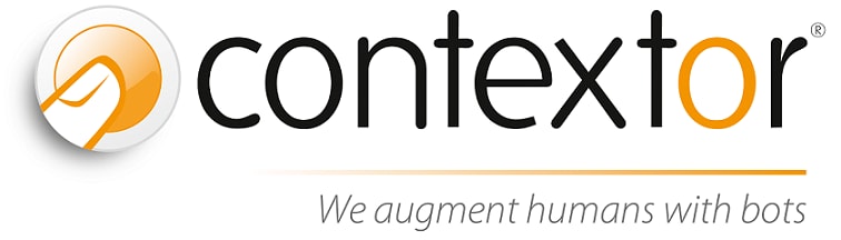 Le mot « Contextor » est écrit à côté d’un logo orange représentant un doigt appuyant sur un bouton. En dessous, il est écrit « we augment humans with bots ».