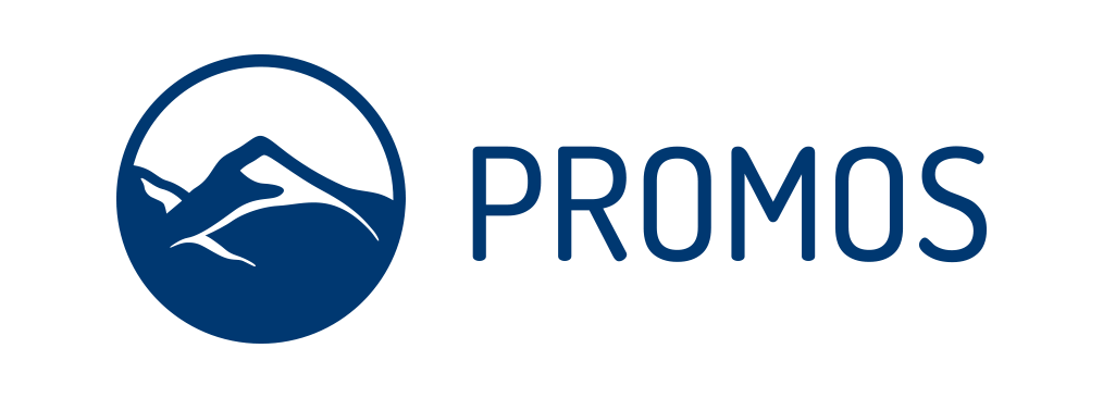PROMOS logo in blue next to an icon of a mountain landscape