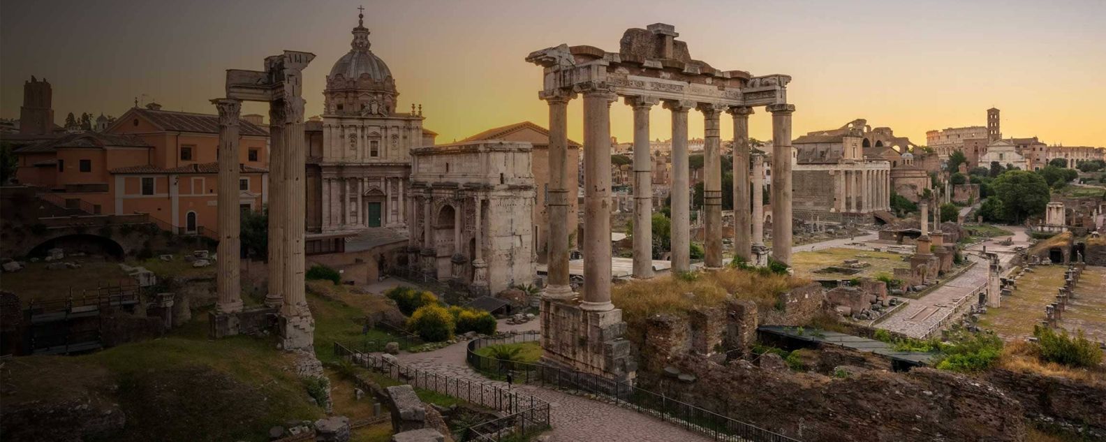 Ruins of the Roman Forum at sunrise, ancient government buildings, temple and shrine of Roman empire