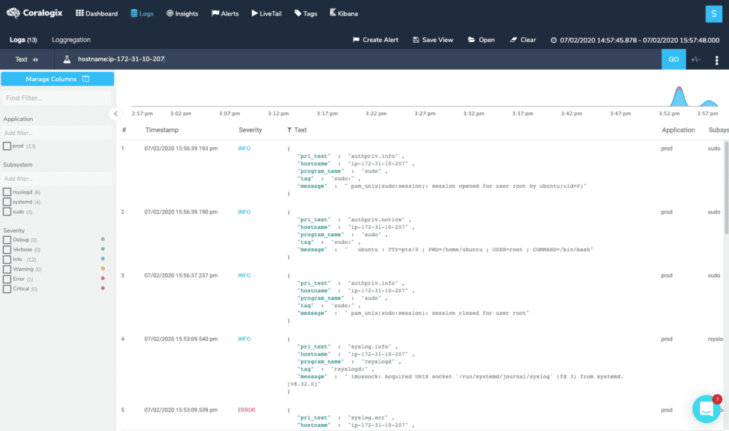 Résultats de recherche Coralogix en contexte pour l'hôte et le temps passé après association avec Instana